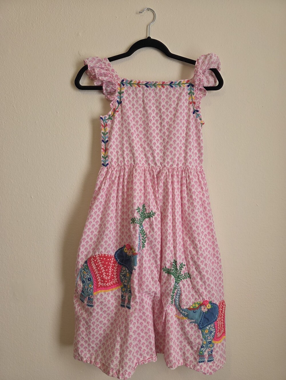 Mini Boden Pink Elephant Embroidered Dress Girls 11-12Y Flutter Sleeve Boho